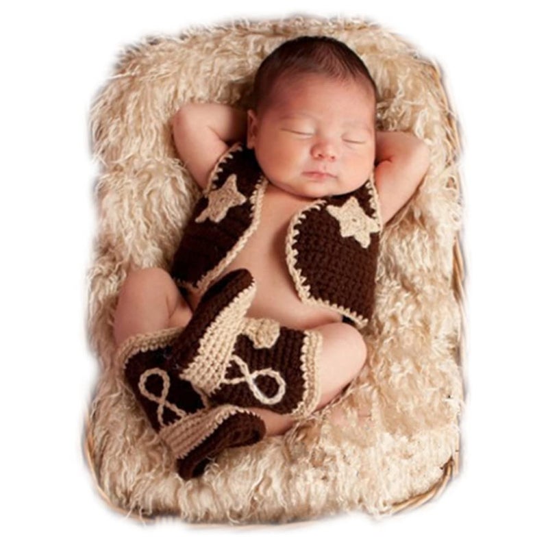Vomdrok Newborn Photography Props Outfits Cute Cowboy Hat Shoe Set Infant Baby Boy Girl Photoshoot Props Costume (dark brown) - Image 1