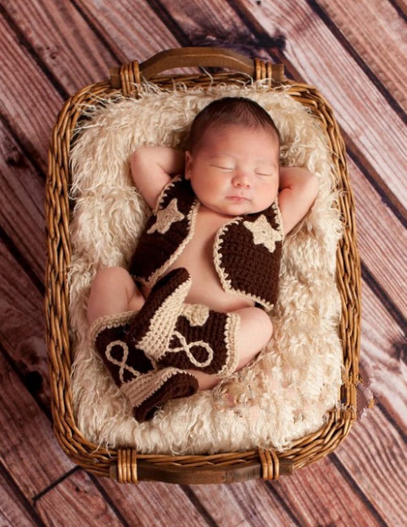 Vomdrok Newborn Photography Props Outfits Cute Cowboy Hat Shoe Set Infant Baby Boy Girl Photoshoot Props Costume (dark brown) - Image 2