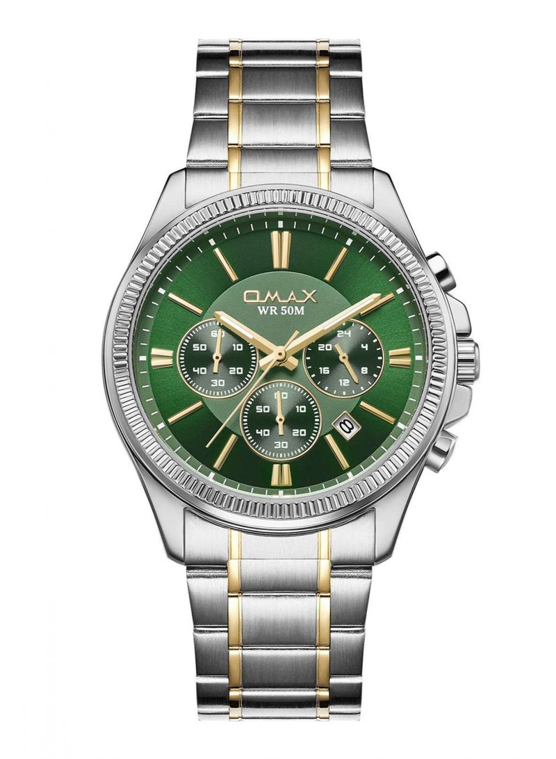 Omax Men's Chronograph Wrist Watch with Green Dial, Two-Tone Metal Band - Image 1