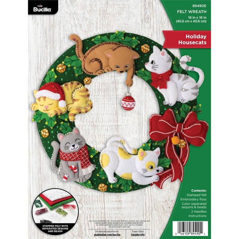 Bucilla Holiday Housecats Felt Applique Wreath Making Kit Perfect for DIY Needlepoint Arts and Crafts 89490E