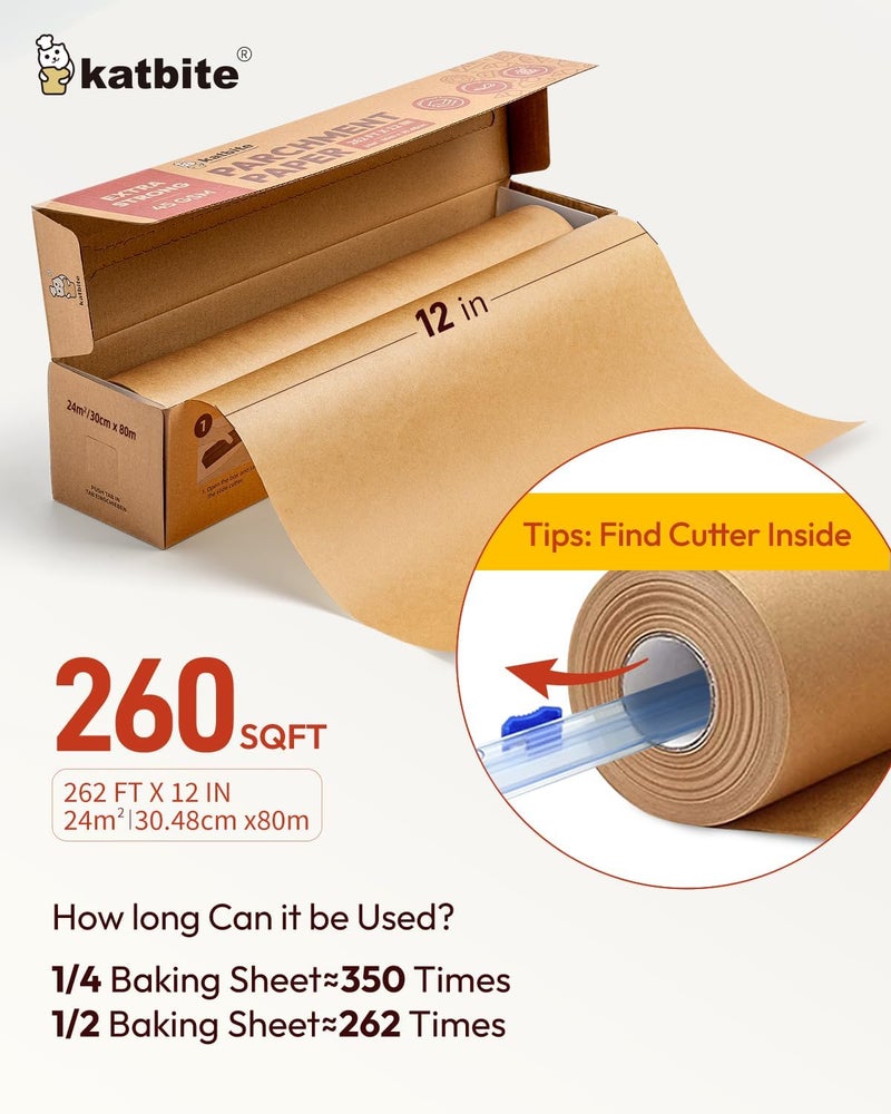 katbite Unbleached Parchment Paper Roll for Baking 12in x 262ft, 260 Sq.Ft, Heavy Duty & Non-stick Baking Paper with Slide Cutter, Brown Parchment Paper for Cooking, Air Fryer, Steaming, Bread - Image 2