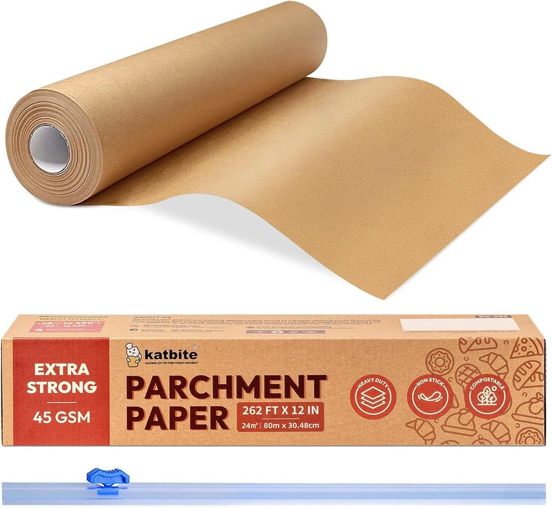 katbite Unbleached Parchment Paper Roll for Baking 12in x 262ft, 260 Sq.Ft, Heavy Duty & Non-stick Baking Paper with Slide Cutter, Brown Parchment Paper for Cooking, Air Fryer, Steaming, Bread - Image 1