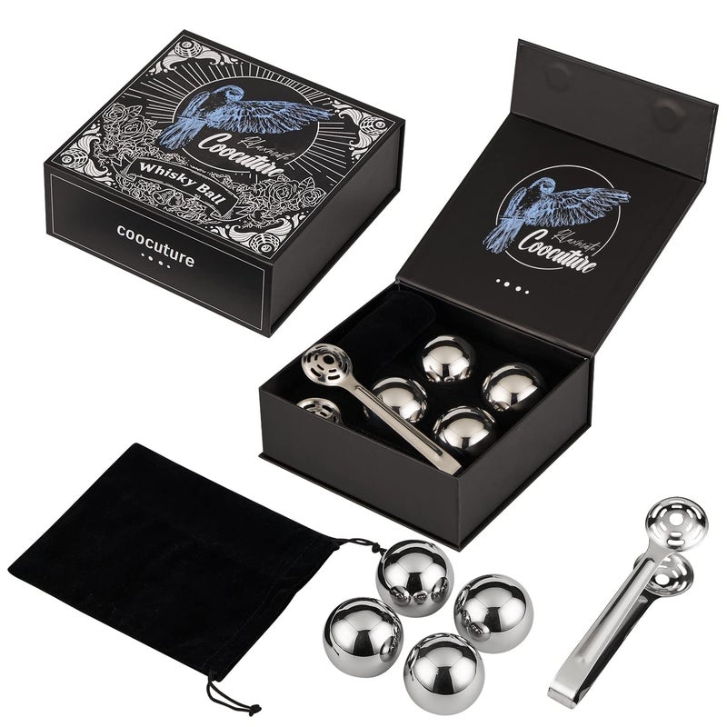 coocuture طقم كرات الويسكي من 4 كرات قابلة لإعادة الاستخدام من الفولاذ المقاوم للصدأ كرات ثلج معدنية لتبريد المشروبات حجارة الويسكي هدايا للرجال له الزوج من الزوجة