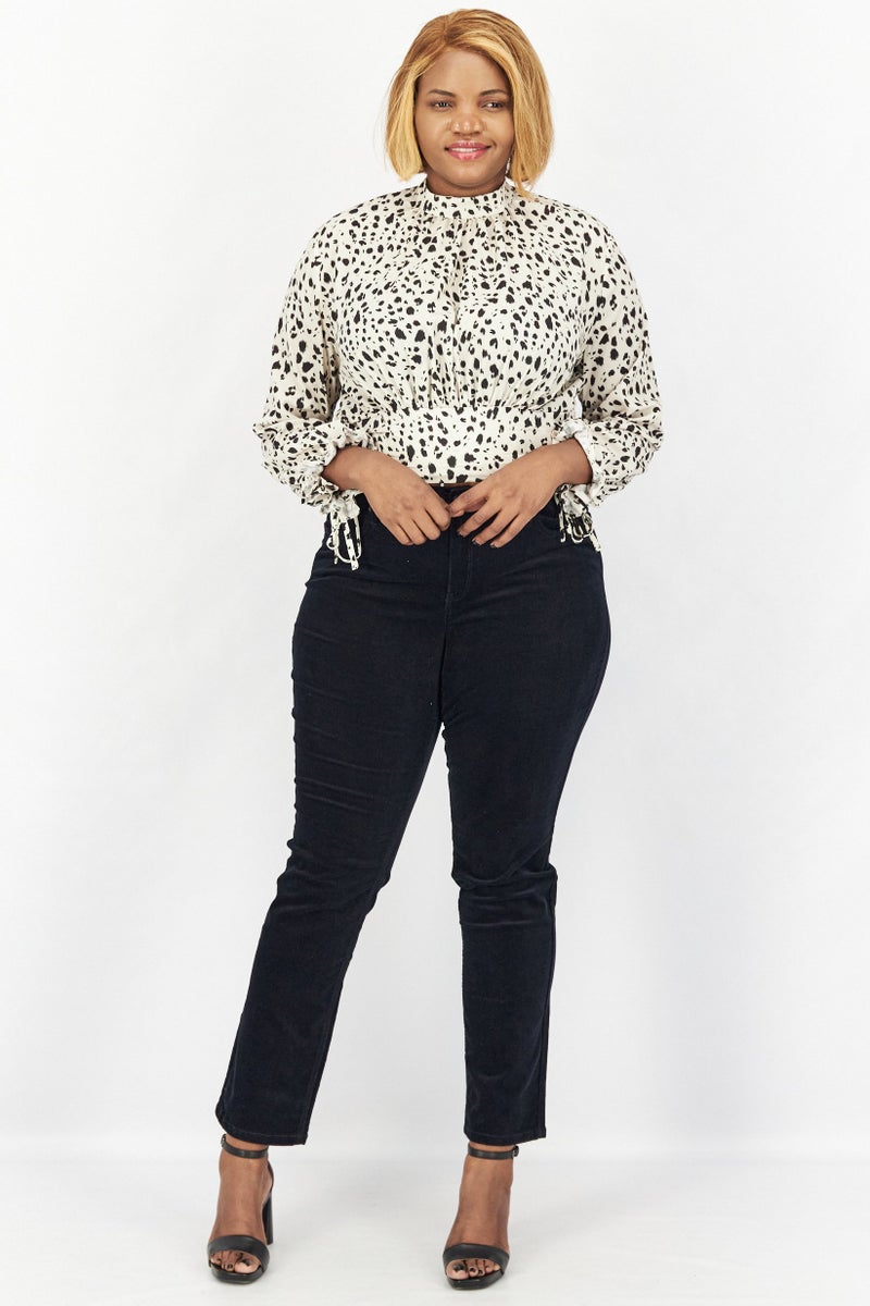 Koco & K Women Plus Size Mock Neck Flared Sleeve Allover Print Blouse, Grey - Image 2