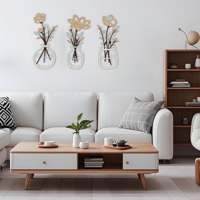 Azonee Metal Flower Wall Art – زينة جدارية من الزهور المعدنية، مناسبة للمنازل الريفية بألوان البيج والذهب، لغرف المعيشة والنوم والحمام وغرف الطعام، إضافة أنيقة للمنزل بطابع بسيط وعصري (3 قطع) - Image 3