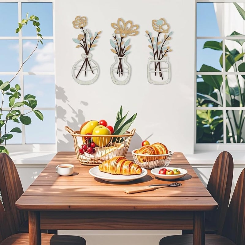 Azonee Metal Flower Wall Art – زينة جدارية من الزهور المعدنية، مناسبة للمنازل الريفية بألوان البيج والذهب، لغرف المعيشة والنوم والحمام وغرف الطعام، إضافة أنيقة للمنزل بطابع بسيط وعصري (3 قطع) - Image 2