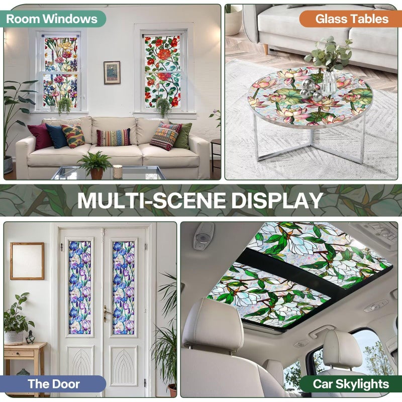 Aomkmi Stained Glass Window Film UV Resistant Window Privacy Film Colorful Flowers Privacy Rainbow Decals Living Room Bedroom Sun Blocking Decor Removable Static Cling Stickers 17 x 78.74 Inch - Image 5