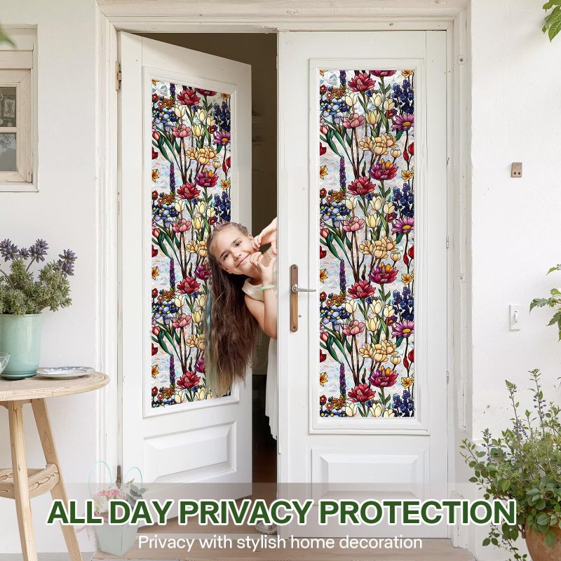 Aomkmi Stained Glass Window Film UV Resistant Window Privacy Film Colorful Flowers Privacy Rainbow Decals Living Room Bedroom Sun Blocking Decor Removable Static Cling Stickers 17 x 78.74 Inch - Image 3