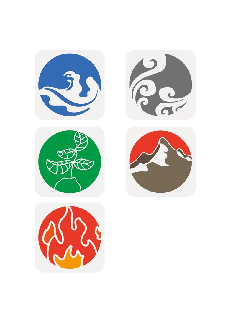 FINGERINSPIRE - FINGERINSPIRE 5PCS Oriental Element Symbols Painting Stencil 5.9x5.9inch Large Metal Wood Water Fire Earth Symbols Template Reusable 5 Elements Stencil for Painting Fantasy Theme Drawing Template - Image 1