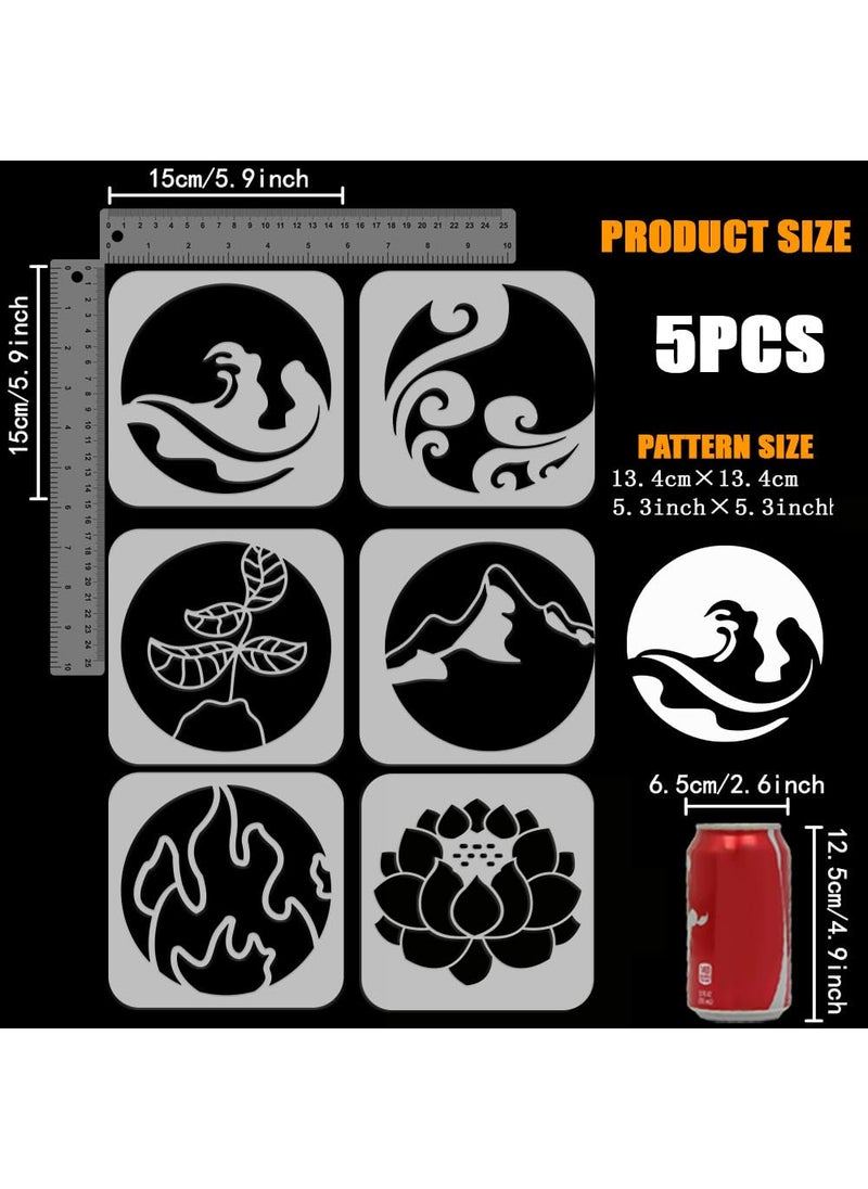 FINGERINSPIRE - FINGERINSPIRE 5PCS Oriental Element Symbols Painting Stencil 5.9x5.9inch Large Metal Wood Water Fire Earth Symbols Template Reusable 5 Elements Stencil for Painting Fantasy Theme Drawing Template - Image 1