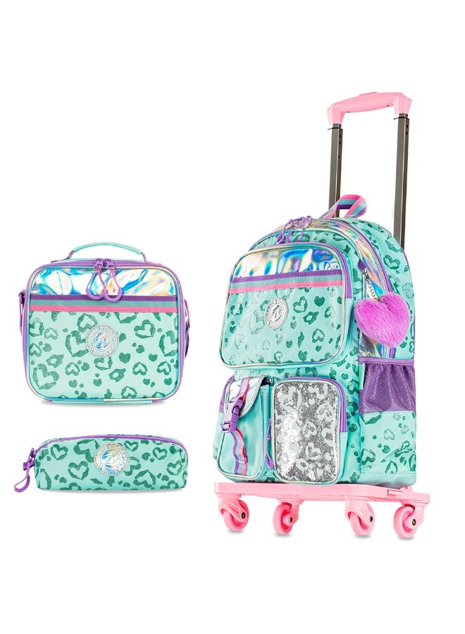 Eazy Kids 17" School Bag Set of 4 w/ 4 Wheel Trolley, Lunch Bag and Pencil Pouch - Love Green - Image 1