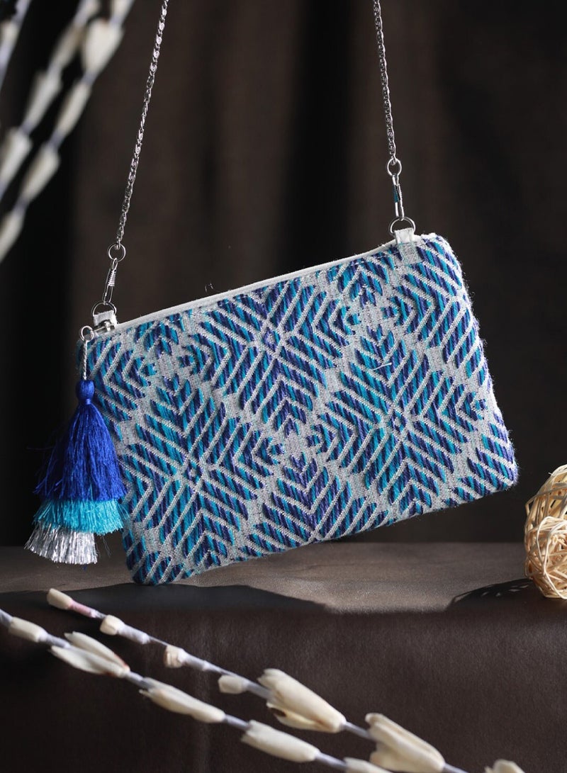 Priyaasi Blue Geometric Sling Bag with Tasselled  - Image 1