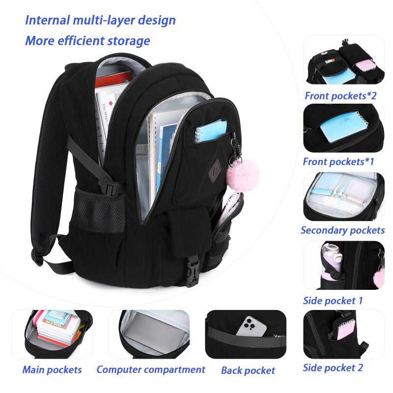BLUWEI Girls Laptop Backpack Corduroy Bookbag For Teen Big Studen School Bag Durable Travel Daypack (1black) - Image 4