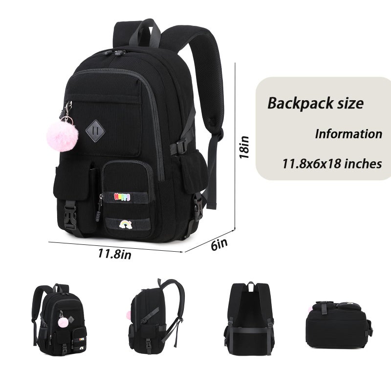 BLUWEI Girls Laptop Backpack Corduroy Bookbag For Teen Big Studen School Bag Durable Travel Daypack (1black) - Image 3