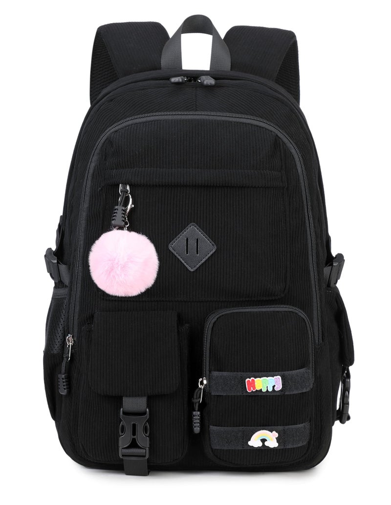 BLUWEI Girls Laptop Backpack Corduroy Bookbag For Teen Big Studen School Bag Durable Travel Daypack (1black) - Image 1