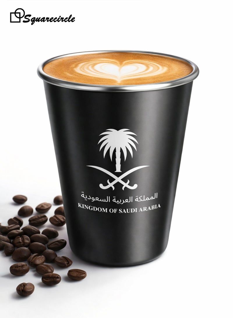 دائرة مربعة كوب قهوة معدني بتصميم عربي 350 مل (11.83 أوقية) – كوب معزول ذو جدار مزدوج | هدية مميزة بشعار السعودية | متين، محمول ومقاوم للصدأ للاستخدام المنزلي، في المكتب وفي الهواء الطلق(أسود) - Image 2