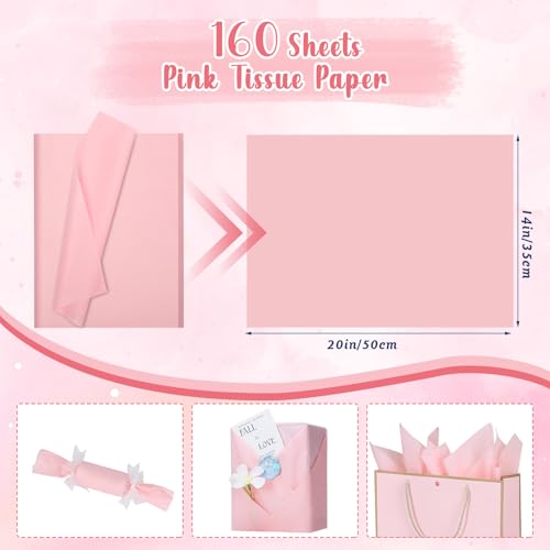 woric 160 Sheets Pink Tissue Paper for Gift Bags 20 X 14 Inches Wrapping Tissue Paper Bulk for Graduation Crafts Gift Packaging Weddings Baby Shower Girls Birthday Party Decorations - Image 3