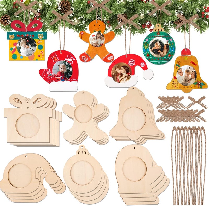 Shitailu 24Pcs Christmas Photo Frame Ornaments, DIY Unfinished Wood Picture Frame Ornaments Craft, Xmas Themed Frame Kits for Kids, Painting Decor Holiday Party Projects Activities - Image 1