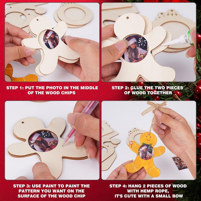 Shitailu 24Pcs Christmas Photo Frame Ornaments, DIY Unfinished Wood Picture Frame Ornaments Craft, Xmas Themed Frame Kits for Kids, Painting Decor Holiday Party Projects Activities - Image 3