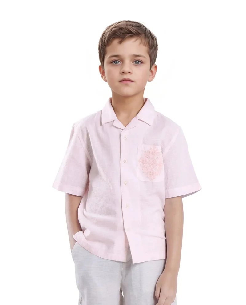 رير ونز Rare Ones Kids Trok Light Pink Cotton Half Sleeve Striped Button Closure Regular Fit Shirt