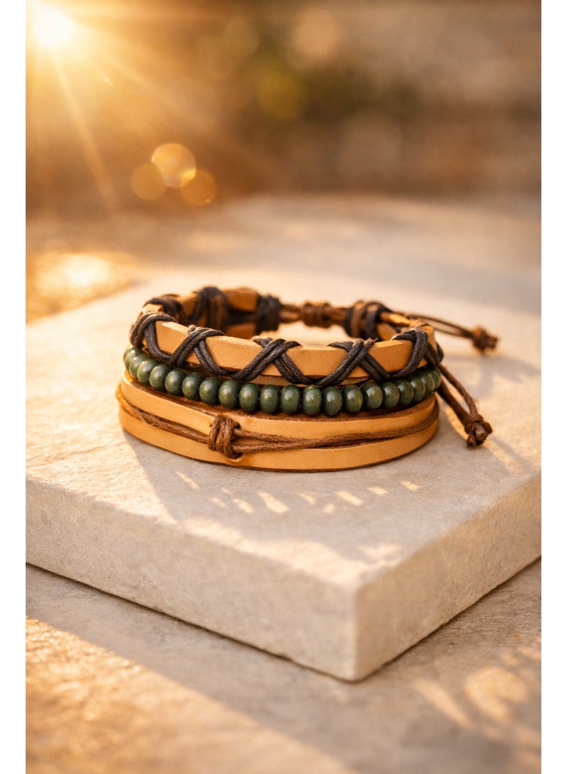 أتش أف أيه سوار رجالي جلد طبيعي متعدد الطبقات – تصميم يدوي أنيق بخرز خشبي وحجر طبيعي – قابل للتعديل – مناسب للاستخدام اليومي والهدايا - Image 2