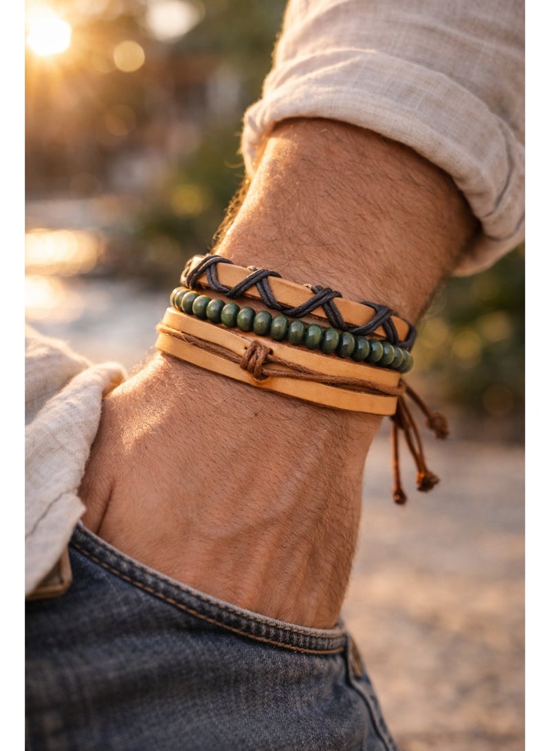 أتش أف أيه سوار رجالي جلد طبيعي متعدد الطبقات – تصميم يدوي أنيق بخرز خشبي وحجر طبيعي – قابل للتعديل – مناسب للاستخدام اليومي والهدايا - Image 1