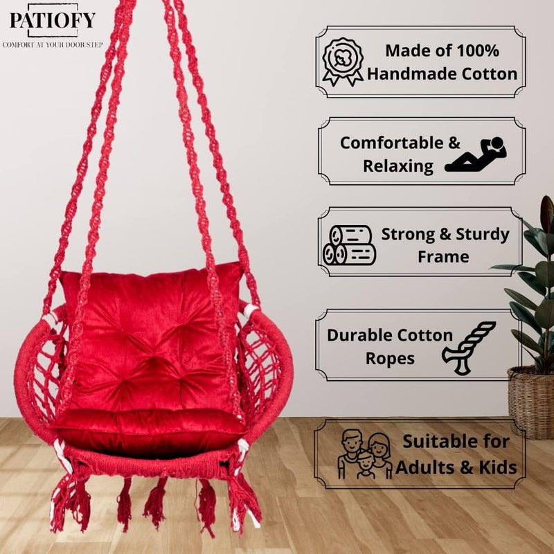 Patiofy باتيوفي أرجوحة قطنية مستديرة منزلية للكبار والأطفال | كرسي أرجوحة معلق للشرفة، الداخل والخارج | سعة 120 كجم | يشمل ملحقات تعليق ووسادة مجانًا | جولة منزلية مصنوعة يدويًا - أحمر - Image 3