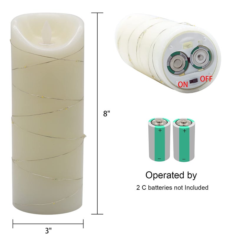 DRomance Large Flameless Pillar Candle String Light with 10-Key Remote and Timer, 2 C Batteries Operated Moving Wick Dancing Flame Real Wax LED Pillar Candle Holiday Season Decor(3 x 8 Inch) - Image 2