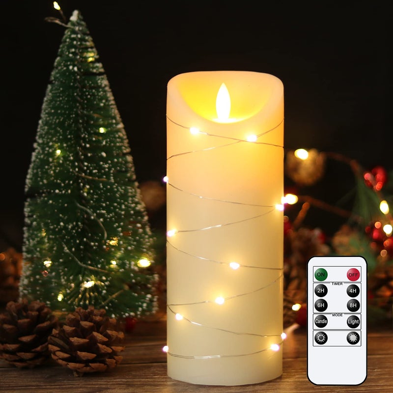 DRomance Large Flameless Pillar Candle String Light with 10-Key Remote and Timer, 2 C Batteries Operated Moving Wick Dancing Flame Real Wax LED Pillar Candle Holiday Season Decor(3 x 8 Inch) - Image 1