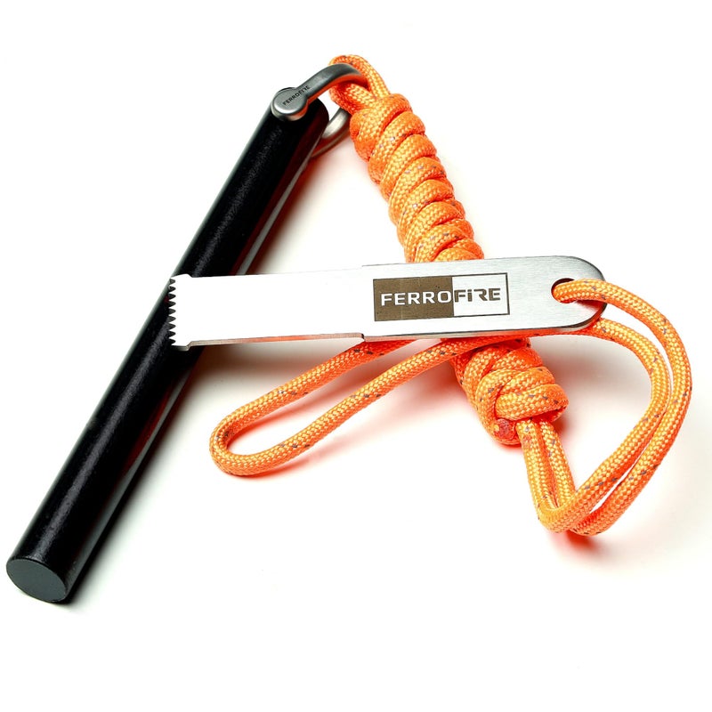 FERROFIRE FS125 Heavy-Duty Plus Fire Starter - 1/2 Inch Thick x 5 Inch Long Ferrocerium Rod with Magnesium, Superb Carbon Alloy Steel Striker & 550 Paracord for Camping, Survival, Emergency Kits - Image 1