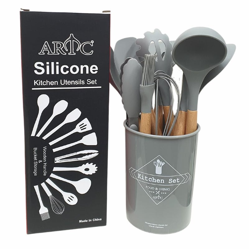12-Piece Silicone Cooking Utensil Set with Bamboo Handles, Non-Stick Cookware Safe, Includes Holder - Image 1