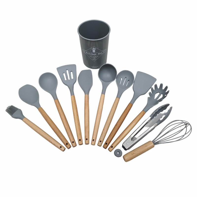 12-Piece Silicone Cooking Utensil Set with Bamboo Handles, Non-Stick Cookware Safe, Includes Holder - Image 2