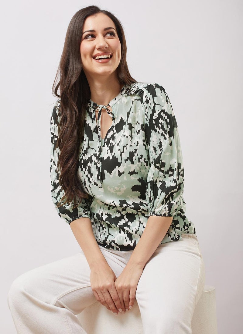 Globus Women Black Tie-up V-neck Bishop Sleeves Abstract Print Top - Image 1