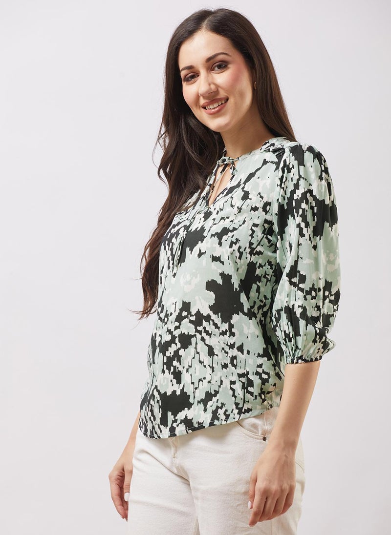 Globus Women Black Tie-up V-neck Bishop Sleeves Abstract Print Top - Image 3