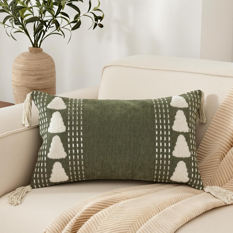 RinRinfam Boho Tree Tufted Lumbar Throw Pillow Cover 12x 20 with Tassels, Embroidered Chenille Pillow Cases, Farmhouse Accent Bedroom Decor for Outdoor Couch Bedroom Car, Olive Green - Image 1