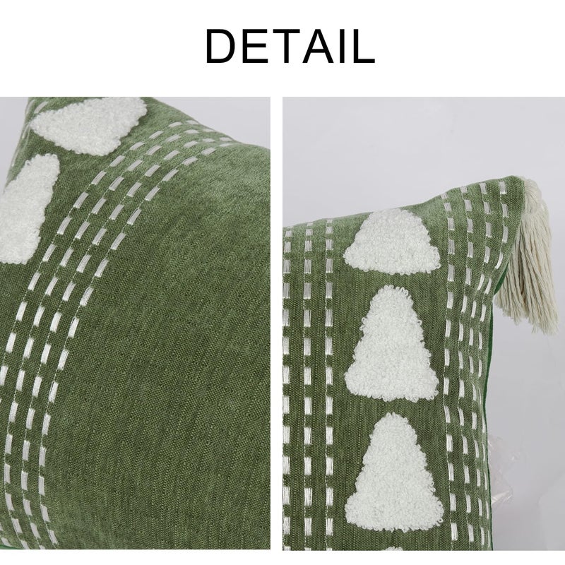 RinRinfam Boho Tree Tufted Lumbar Throw Pillow Cover 12x 20 with Tassels, Embroidered Chenille Pillow Cases, Farmhouse Accent Bedroom Decor for Outdoor Couch Bedroom Car, Olive Green - Image 2