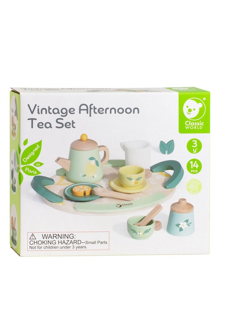 Classic World Wooden Vintage Afternoon Tea Set - Pretend Play Tea Party Set for Kids, 16-Piece Wooden Tea Set, Role-Playing, Creative Play, Tea Party Play Set - Image 2