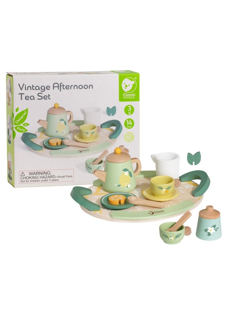 Classic World Wooden Vintage Afternoon Tea Set - Pretend Play Tea Party Set for Kids, 16-Piece Wooden Tea Set, Role-Playing, Creative Play, Tea Party Play Set - Image 3