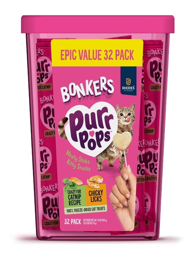 Bonkers Purrpops Freeze Dried Chicken & Catnip Flavor Lollipop Cat Treats, Healthy Single Ingredient Treats, Training Treats or Food Topper, for All Breeds and Ages, Value Pack (32 Pieces) - Image 1