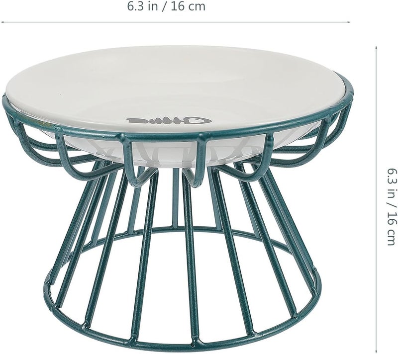 Pet Cat Raised Ceramic Bowl with Green Iron Rack Anti-Neck Strain Stable Cat Food and Water Dish Set Includes Fish Bone Bowl - Image 2
