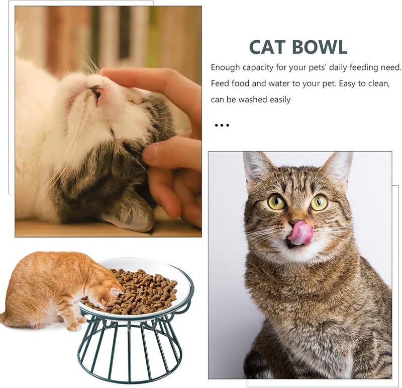 Pet Cat Raised Ceramic Bowl with Green Iron Rack Anti-Neck Strain Stable Cat Food and Water Dish Set Includes Fish Bone Bowl - Image 5