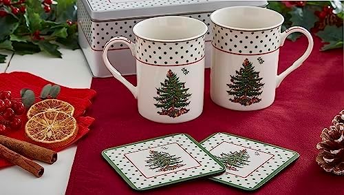 Spode Christmas Tree Polka Dot Mug  Coaster Set with Tin Box 5Piece Set  Festive Holiday Gift Set for Tea Lovers  Elegant Porcelain Mugs and CorkBacked Coasters  Dishwasher  Microwave Safe - Image 2