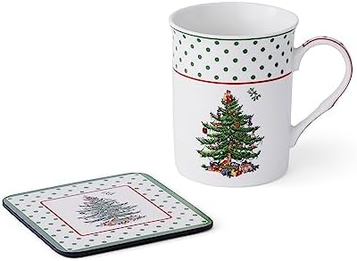 Spode Christmas Tree Polka Dot Mug  Coaster Set with Tin Box 5Piece Set  Festive Holiday Gift Set for Tea Lovers  Elegant Porcelain Mugs and CorkBacked Coasters  Dishwasher  Microwave Safe - Image 3