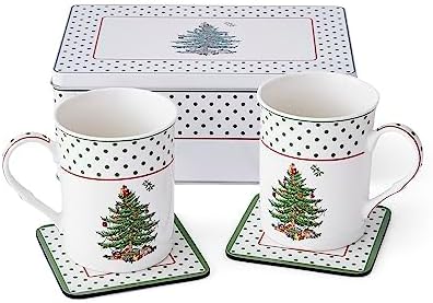Spode Christmas Tree Polka Dot Mug  Coaster Set with Tin Box 5Piece Set  Festive Holiday Gift Set for Tea Lovers  Elegant Porcelain Mugs and CorkBacked Coasters  Dishwasher  Microwave Safe - Image 1