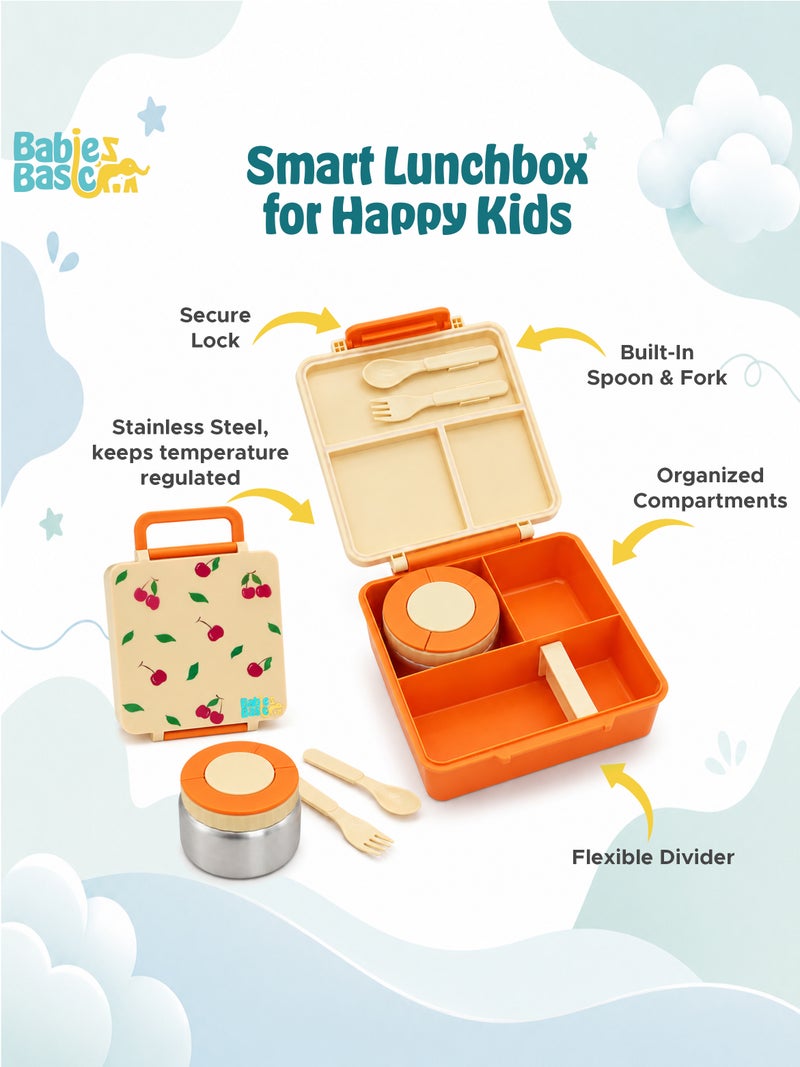 Babies Basic Insulated Bento Lunchbox, Built-in Thermos, Leakproof Compartments, 3+ Years - Beige - Fruit - Image 4