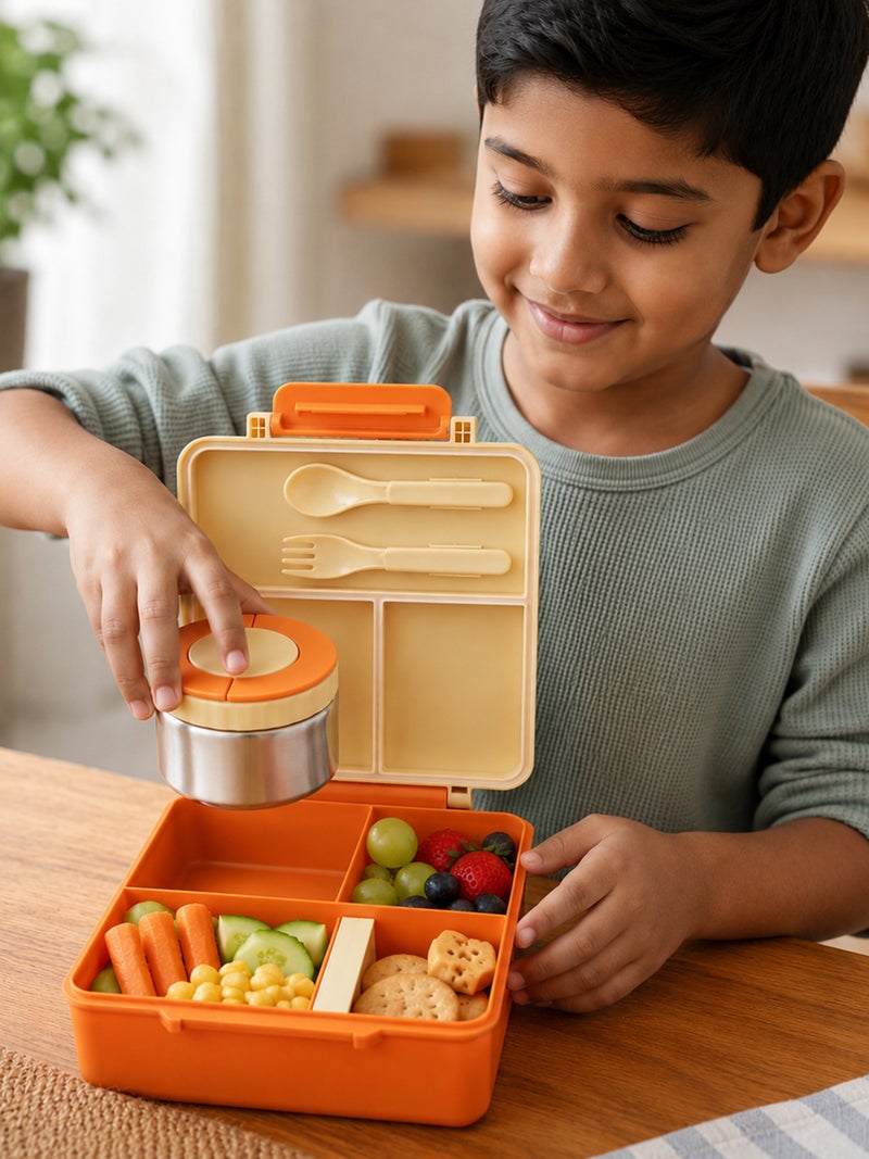 Babies Basic Insulated Bento Lunchbox, Built-in Thermos, Leakproof Compartments, 3+ Years - Beige - Fruit - Image 3