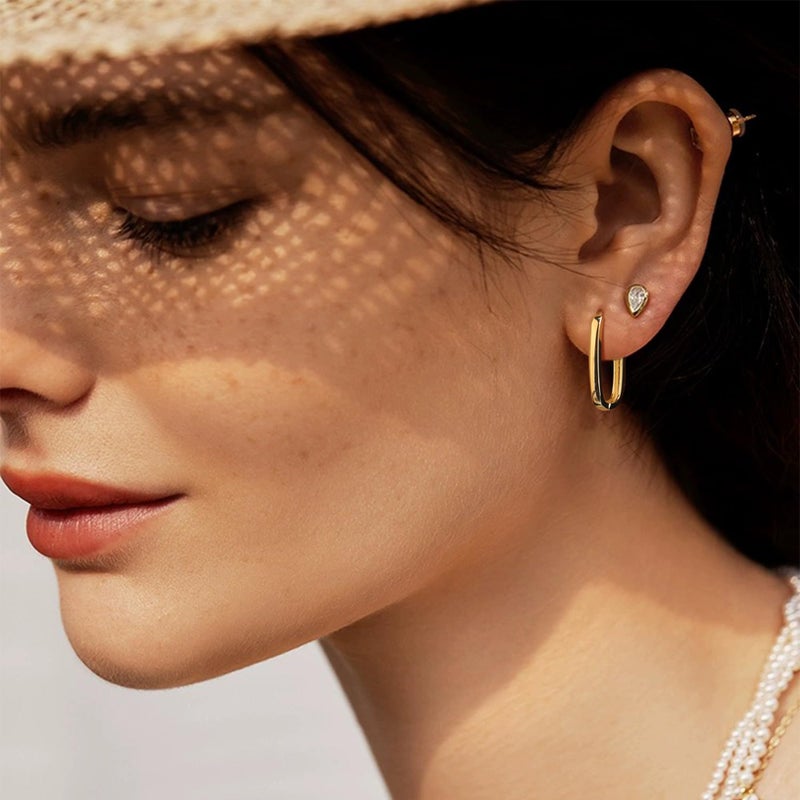 ALEXCRAFT 14K Gold Plated Sterling Silver Earrings Small Rectangle Hoop Earrings for Women Hypoallergenic Small Hoops Earring Gold Square Hoop Earing - Image 2