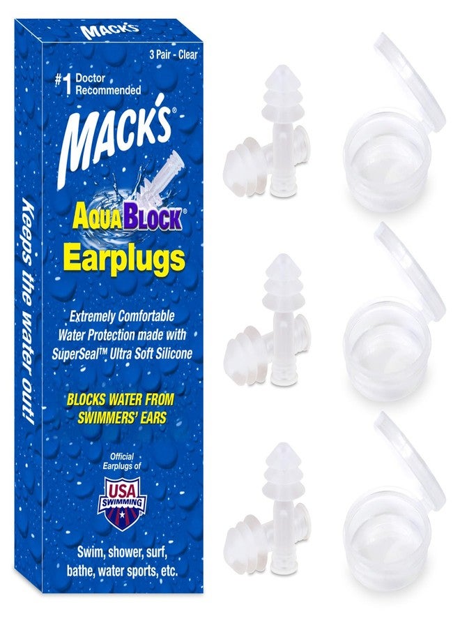 ماك سدادات أذن السباحة من ماك أكوابلوك، 3 أزواج - سدادات أذن سيليكون مريحة ومقاومة للماء وقابلة لإعادة الاستخدام للسباحة والغطس والاستحمام وركوب الأمواج والاستحمام (شفافة) - Image 1