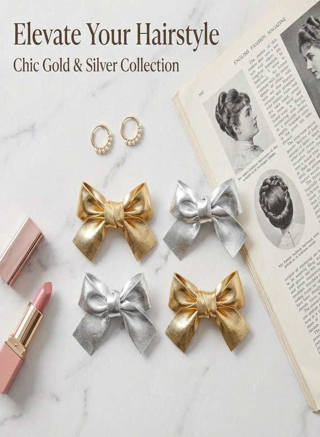 KGCGJVB 2 Pairs Glitter Bows Hair Clips for Girls Women Gold and Silver Cute Hair Accessories Bow Set Stylish Glitter Hair Bows for Girls and Women Party Everyday Hair Decor - Image 5