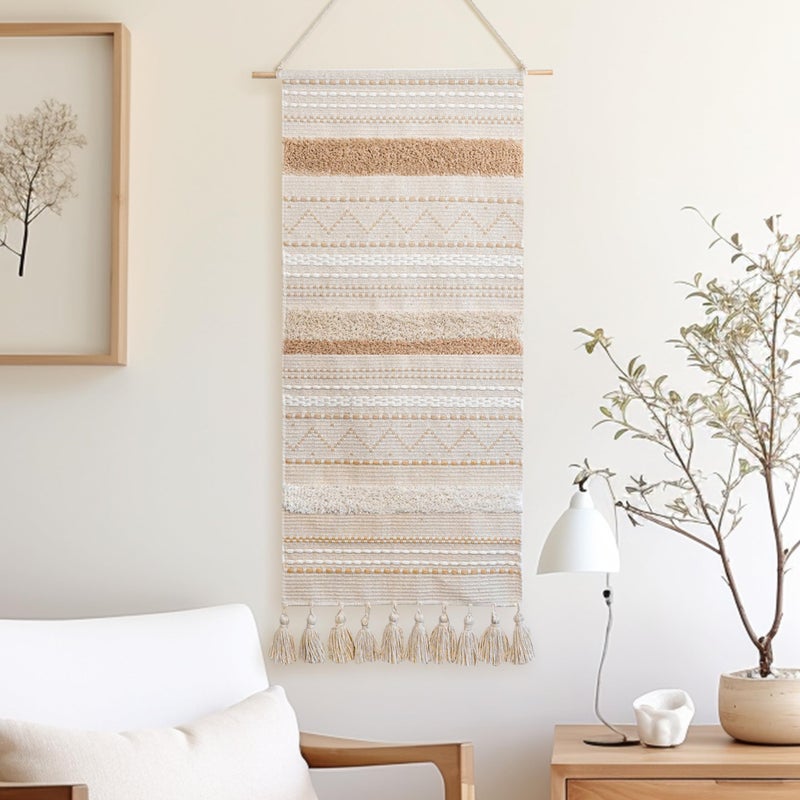 BlissBlush Long Vertical Wall Hanging Tapestry Woven Boho Farmhouse Decor Cream Beige Tassel Handmade Wall Art Decoration for Bedroom Living Room Dorm Nursery Apartment, 16x39 INCH - Image 1